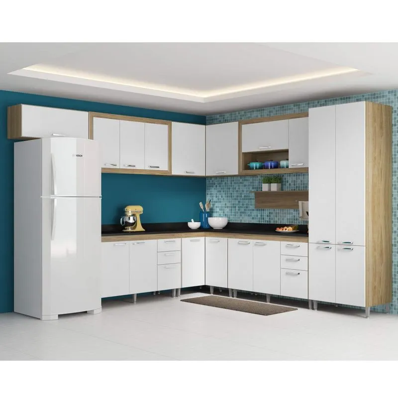 Cozinha Completa com Balcão com Tampo 11 Peças 18 Portas Toscana Multimóveis Argila/Branco/Preto