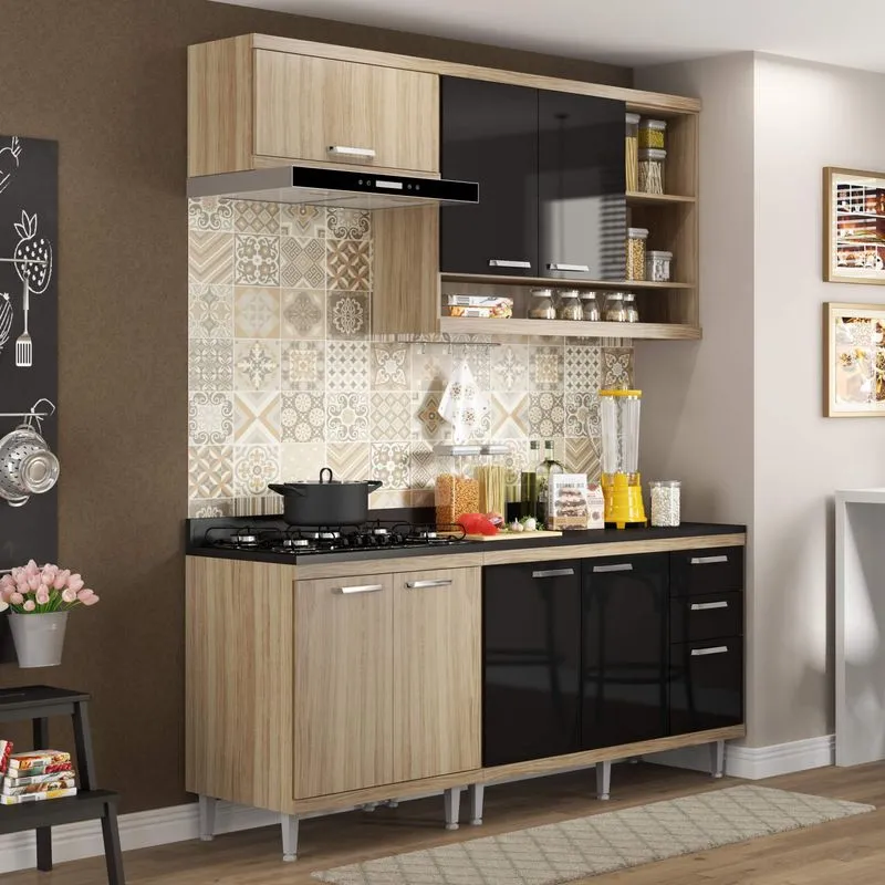 Cozinha Completa com Balcão com Tampo 5 Peças 7 Portas Sicília Multimóveis Argila/Preto