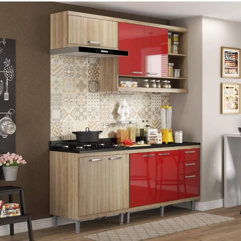 Cozinha Completa com Balcão com Tampo 5 Peças 7 Portas Sicília Multimóveis Argila/Vermelho