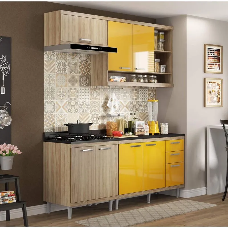 Cozinha Completa com Balcão com Tampo 5 Peças 7 Portas Sicília Multimóveis Argila/Amarelo