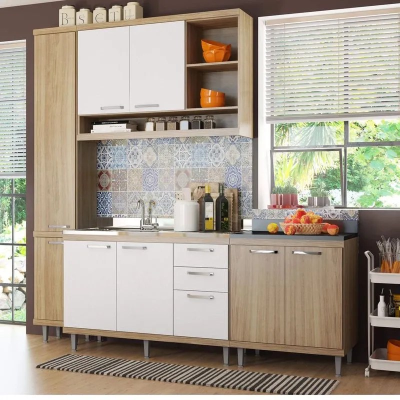 Cozinha Completa com Balcão sem Tampo e Paneleiro 4 Peças 8 Portas Sicília Multimóveis Argila/Branco