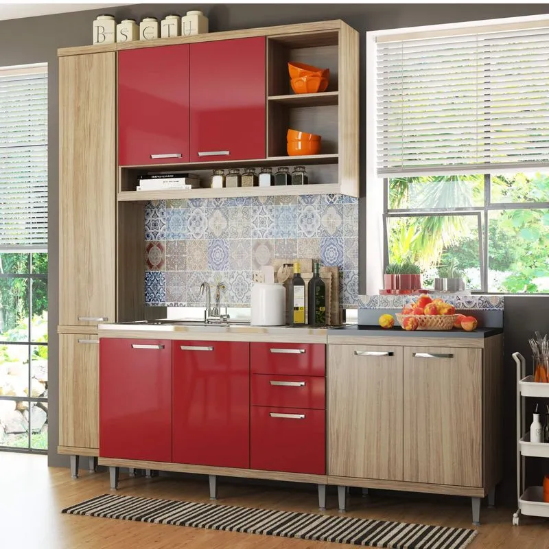 Cozinha Completa com Balcão sem Tampo e Paneleiro 4 Peças 8 Portas Sicília Multimóveis Argila/Vermelho