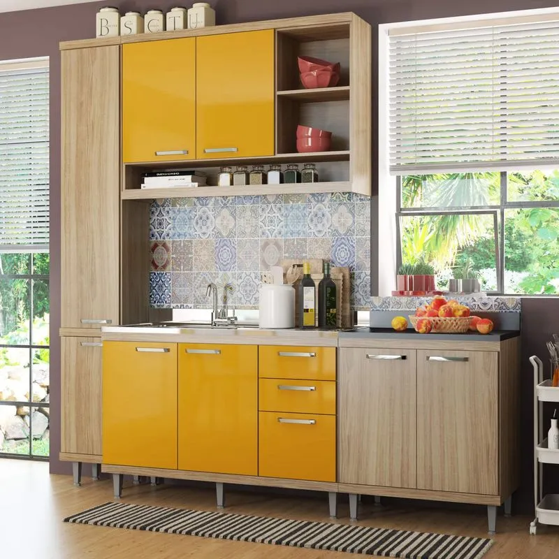 Cozinha Completa com Balcão sem Tampo e Paneleiro 4 Peças 8 Portas Sicília Multimóveis Argila/Amarelo