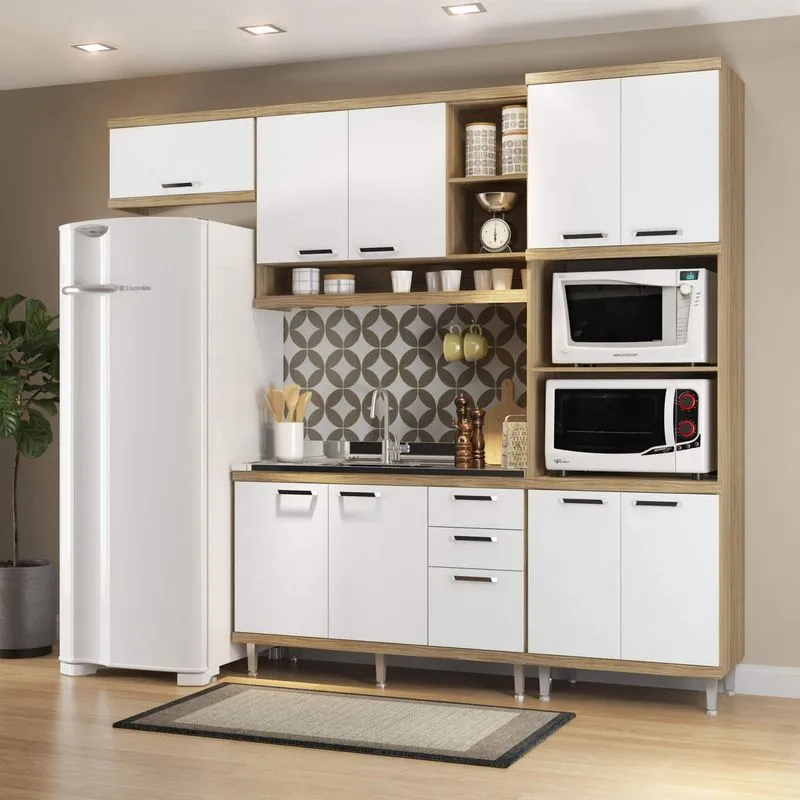 Cozinha Completa com Balcão sem Tampo e Torre Quente 4 Peças 9 Portas Sicília Multimóveis Argila/Branco