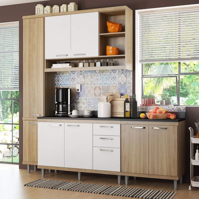Cozinha Completa com Balcão com Tampo 5 Peças 8 Portas Sicília Multimóveis Argila/Branco