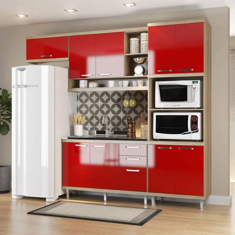 Cozinha Completa com Balcão sem Tampo e Torre Quente 4 Peças 9 Portas Sicília Multimóveis Argila/Vermelho