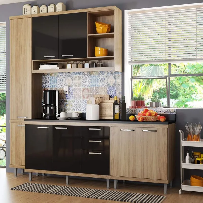 Cozinha Completa com Balcão com Tampo 5 Peças 8 Portas Sicília Multimóveis Argila/Preto