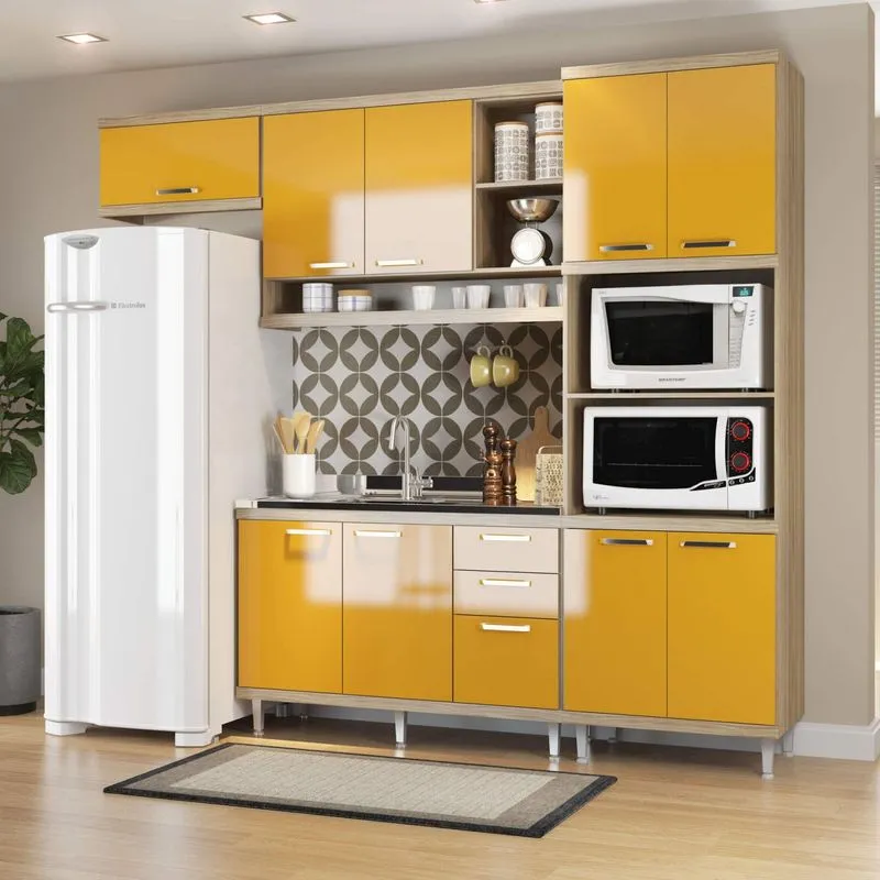 Cozinha Completa com Balcão sem Tampo e Torre Quente 4 Peças 9 Portas Sicília Multimóveis Argila/Amarelo