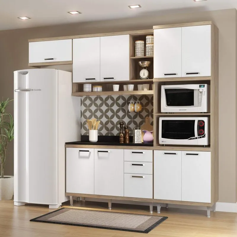 Cozinha Completa com Balcão com Tampo 5 Peças 9 Portas Sicília Multimóveis Argila/Branco