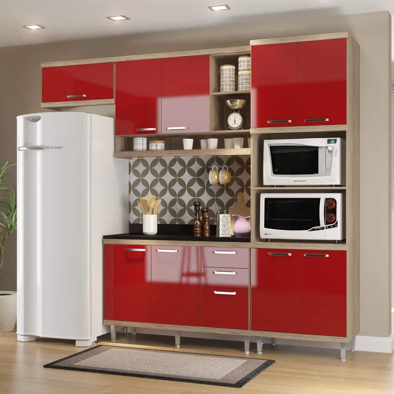 Cozinha Completa com Balcão com Tampo 5 Peças 9 Portas Sicília Multimóveis Argila/Vermelho