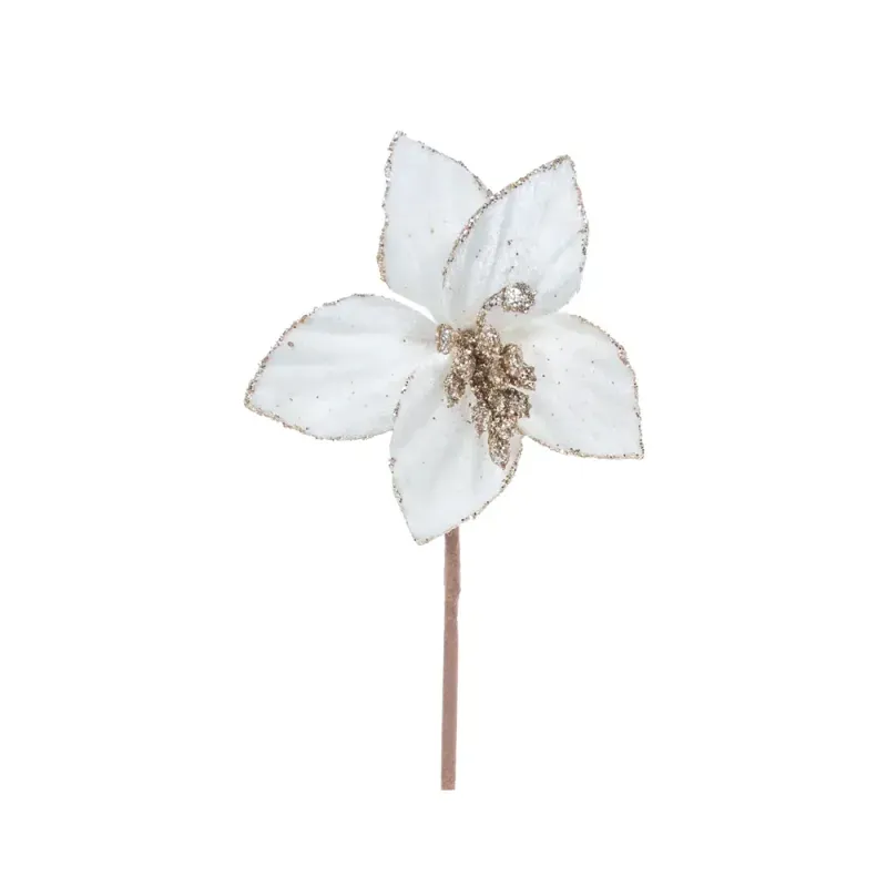 Flor Decorativa Poinsétia com Glitter 10cm Creme Cromus