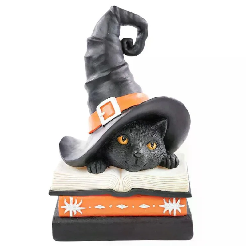 Escultura de resina gato com chapeu halloween