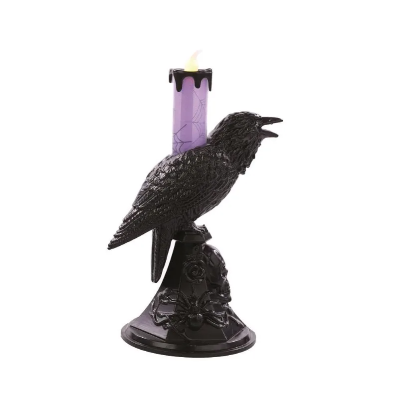 Castical decorativo corvo com vela LED lilas 20cm halloween