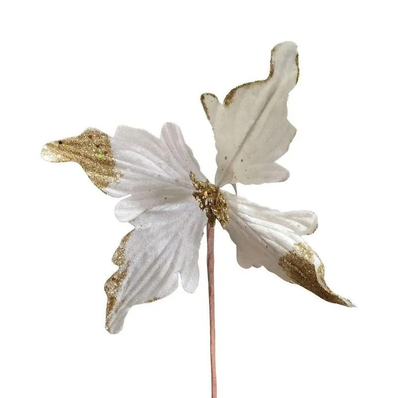 Flor Decorativa Poinsetia Marfim Paete Glitter 28cm - 1 Unidade