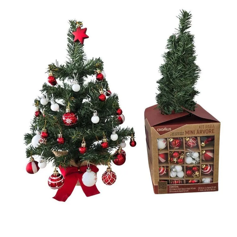 Mini Árvore De Natal Com Kit 37 Peças Para Decoração Com Base Em Juta Verde, Vermelho, Branco Cromus