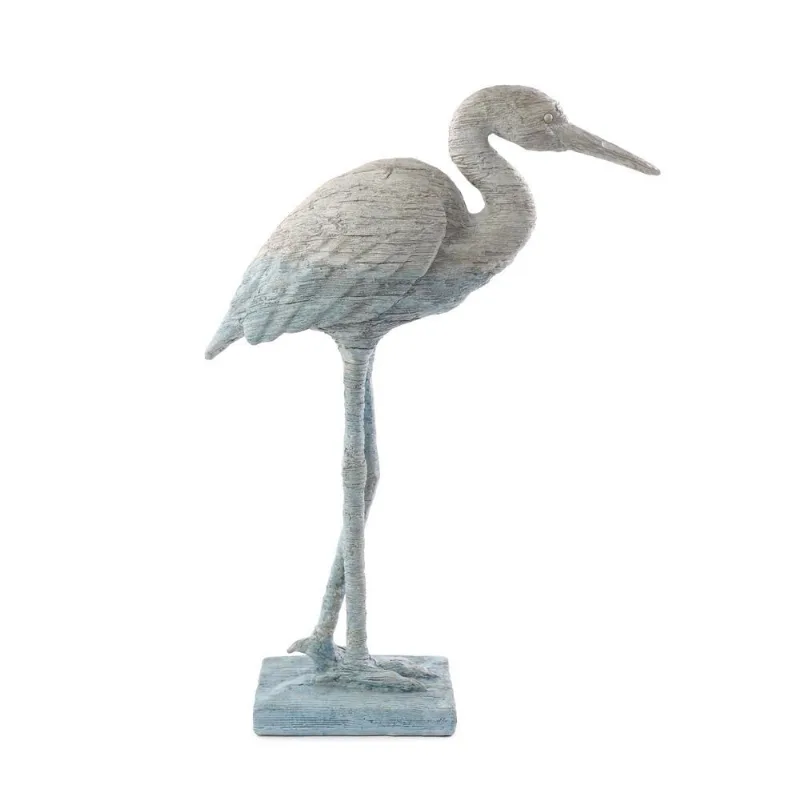 Escultura decor garca poliresina amadeirado cinza E azul