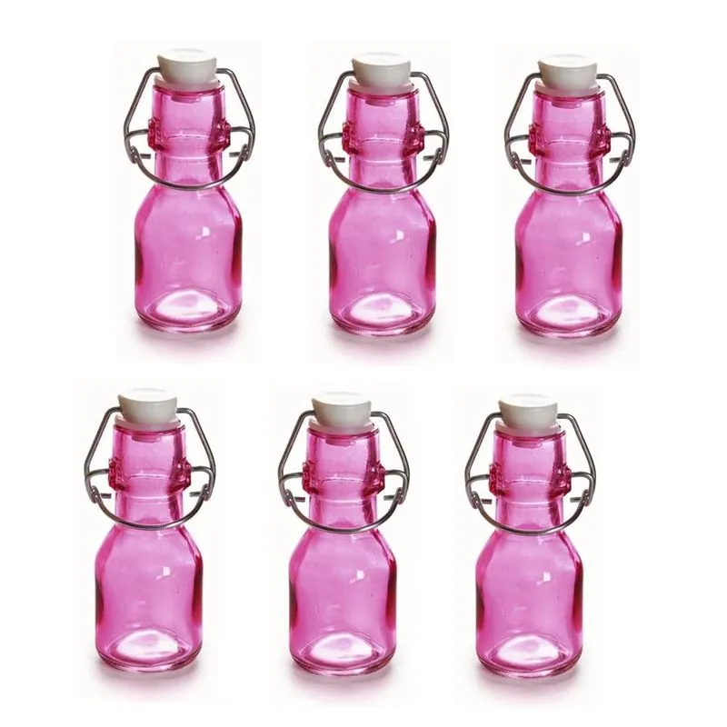 Garrafa de Vidro Rosa Translúcida 65ml com Fecho Hermético com 6 unidades para Lembrancinhas