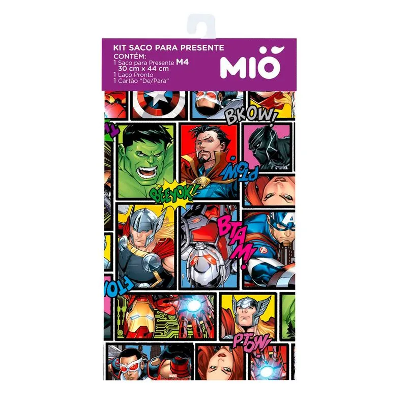 Kit Saco para Presente Mió Marvel Super Heróis Sortidos Médio M4 com 1 Laço Pronto e 1 Cartão