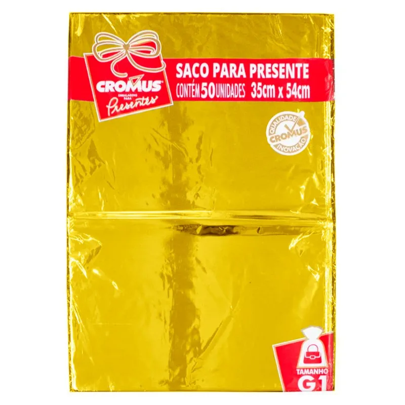 Saco de Presente liso Metalizado Dourado 50 Peças 35x54cm Cromus Embalagem