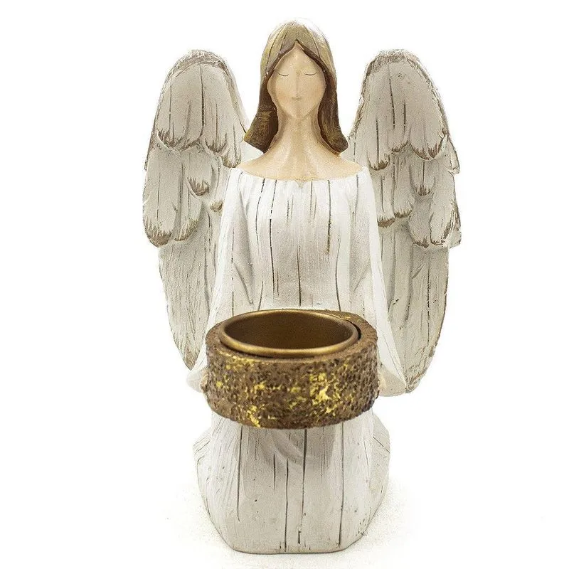 Anjo Com Castiçal Ajoelhado Resina Importado 18 Cm