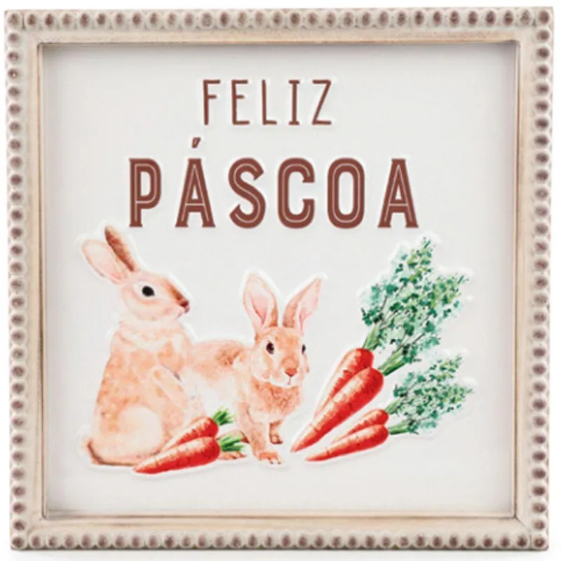 Quadro Decorativo Feliz Páscoa Com Coelho 30,5x30,5cm - 1 Un