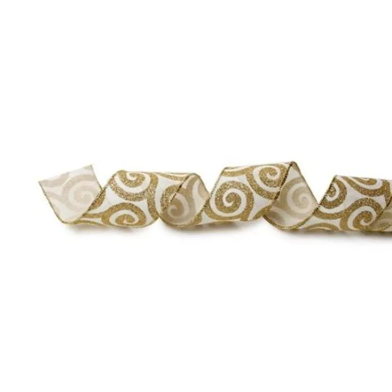 Fita de Natal Juta Caracol Branco e Ouro 6,3cm (Fita para Presente) - 3 Unidades