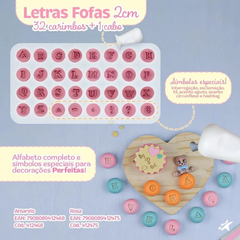 3x Kit 32 Carimbos Letras Fofas 2cm Para Brigadeiros Bluesta