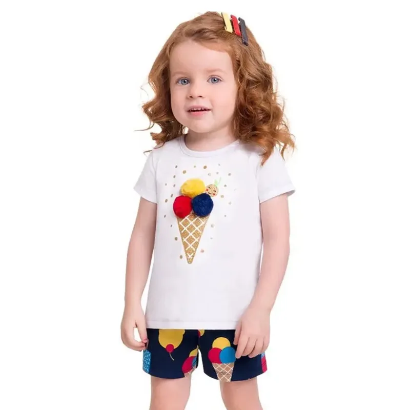 Conjunto Menina Camiseta Branca Sorvete e Short Azul Marinho