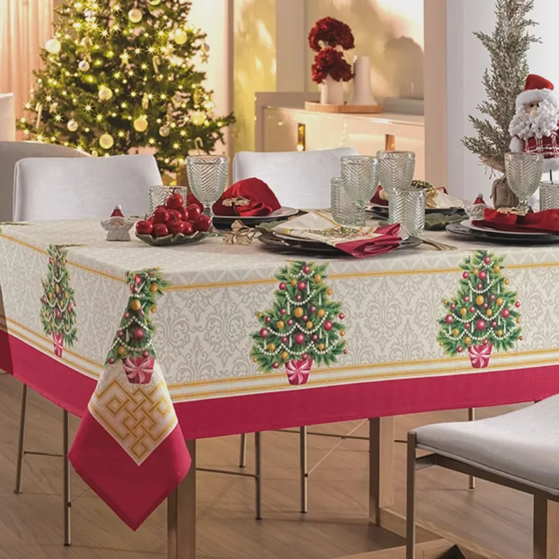 Toalha de Mesa Karsten Retangular 6 Lugares Natal Pinheiro Decor