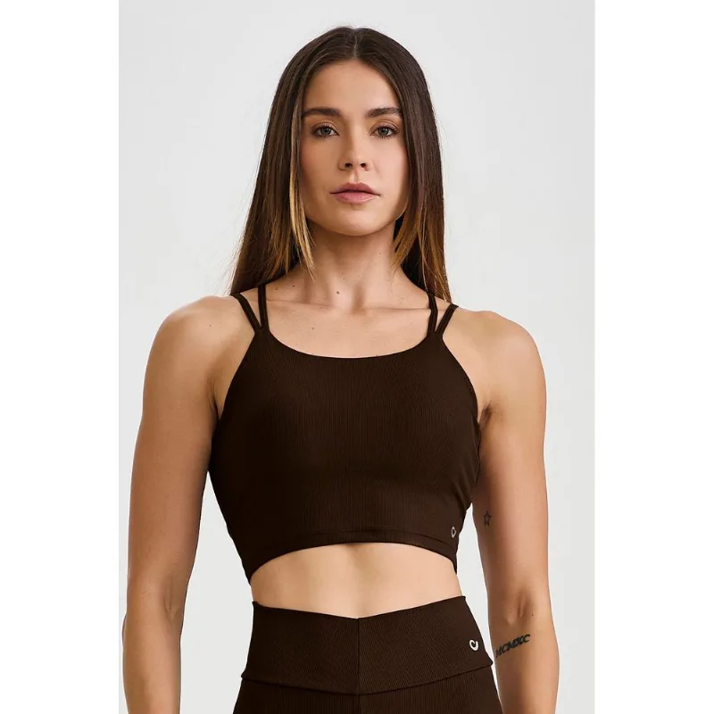 TOP CROPPED CANELADO ALÇAS DUPLAS MARROM COFFE CAJUBRASIL - G