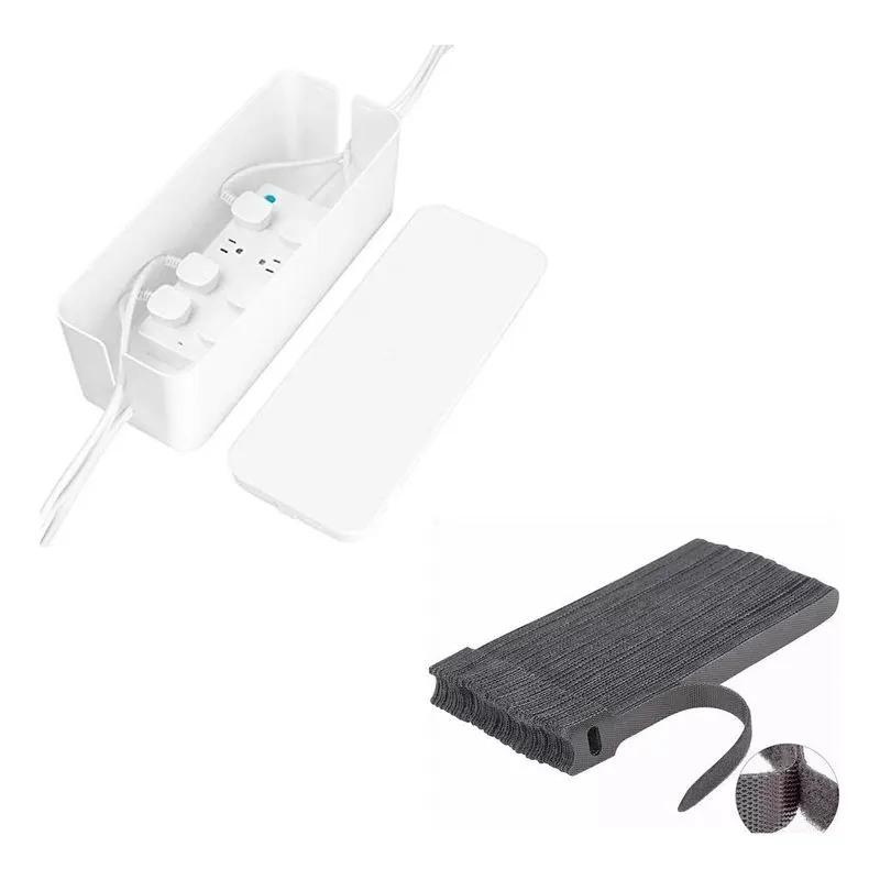 Kit Caixa Esconder Tomadas Cabos 23cm + 10 Fita Amarra Fios