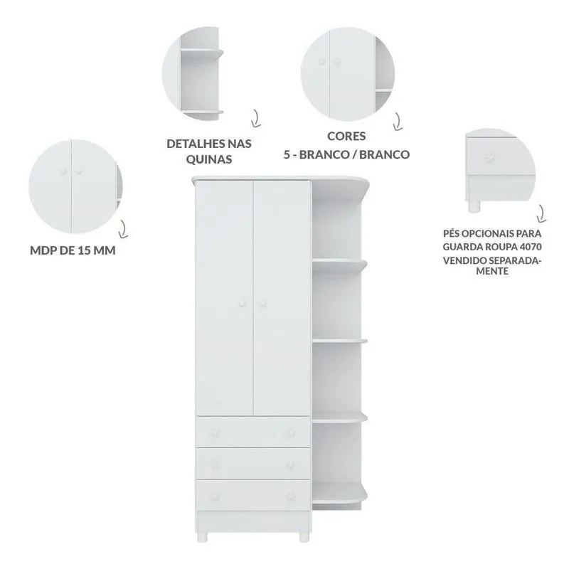 Quarto Infantil Doce Sonho 2 Portas 3 Gavetas Mdp 15-12 Tamanho 100cm Branco Qmovi