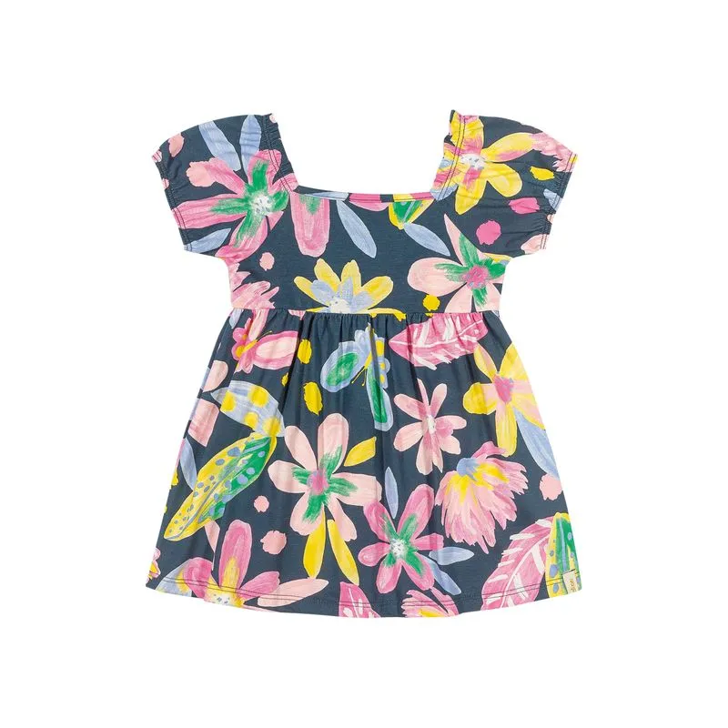 Vestido Infantil Menina Curto Estampado Folhagens Elian Azul Marinho 6