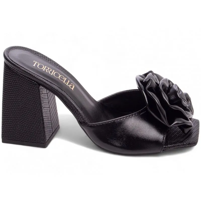 Sandália Tamanco Feminino Salto Médio Baixo Bloco Grosso Bico Quadrado Flor 9cm Torricella