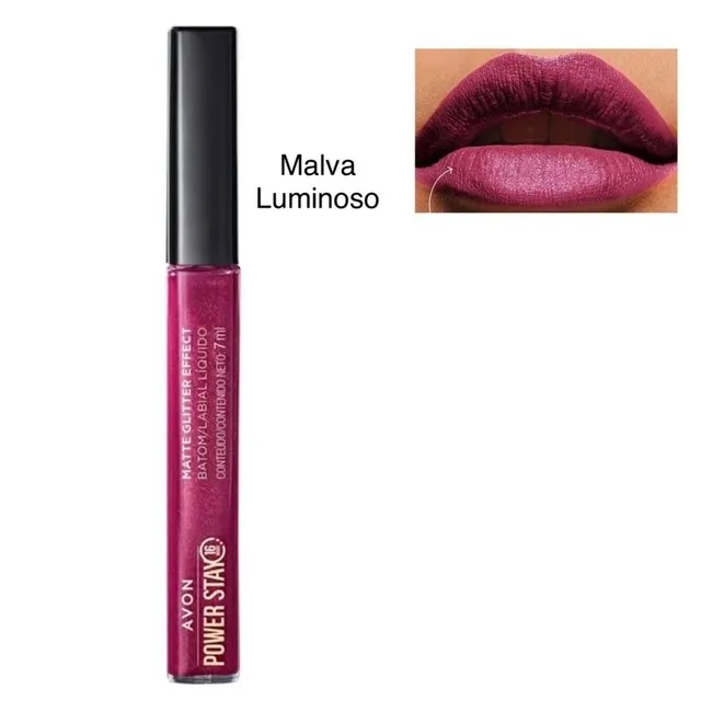 *Batom Líquido Matte Glitter Effect 16h Avon Power Stay - Malva Luminoso 7ml