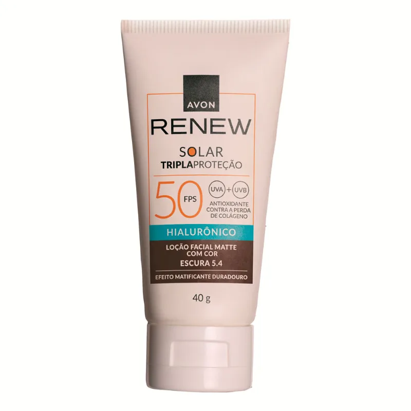 Protetor Solar Facial Tripla Proteção Avon Renew FPS 50 Loção Matte Hialurônico Cor Escura 5.4 40g