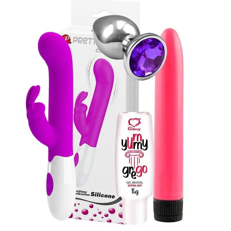 Kit Vibrador Ponto G + Gel Beijável + Bastão + Plug Anal
