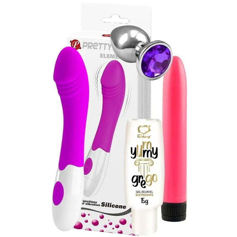 Kit Vibrador Ponto G + Gel Beijável + Bastão + Plug Anal