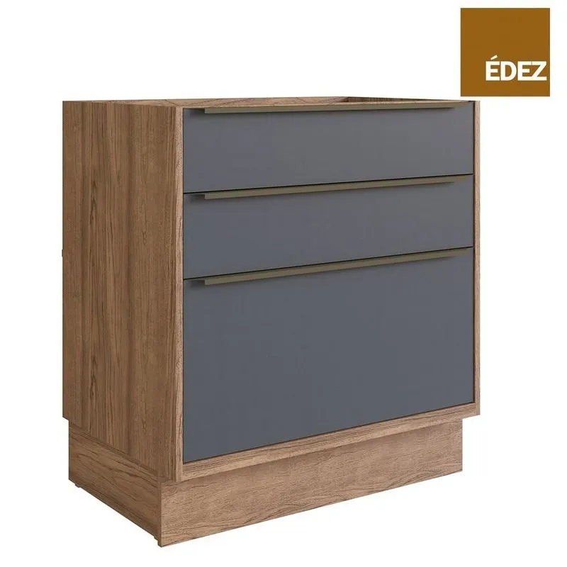 Balcão Cozinha Modular 100% Mdf Édez Uno, 3 Gavetas, Grafite E Louro Freijó