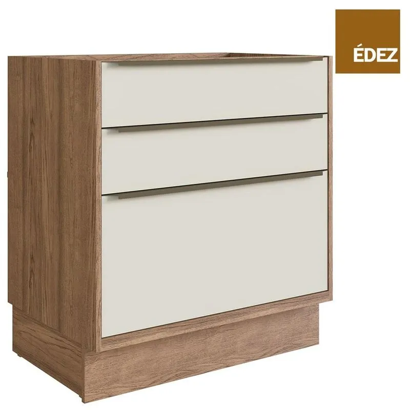 Balcão Cozinha Modular 100% Mdf Édez Uno, 3 Gavetas, Off White E Louro Freijó