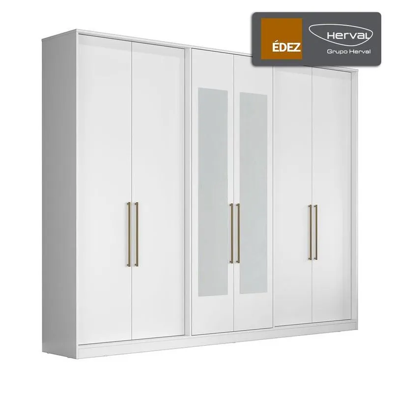 Guarda-Roupa Casal Édez Nature, 6 Portas, Branco, com Espelho