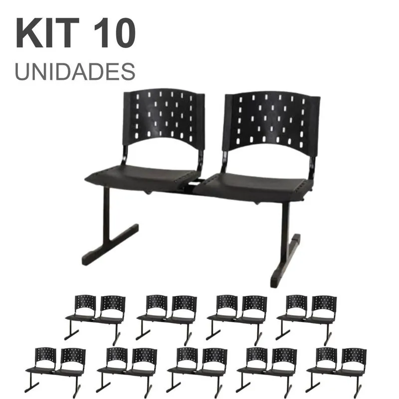Kit 10 Cadeiras Longarinas plásticas 02 Lugares - Cor preta - Realplast - 23026