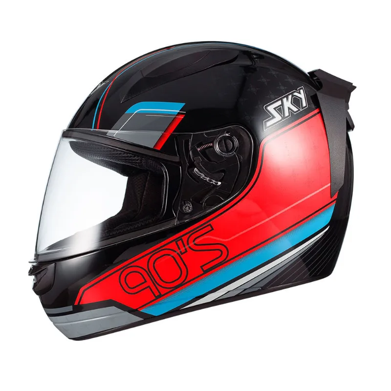 Capacete Sky Two Anos 90 Preto Brilho Transf Azul/vermelho 60