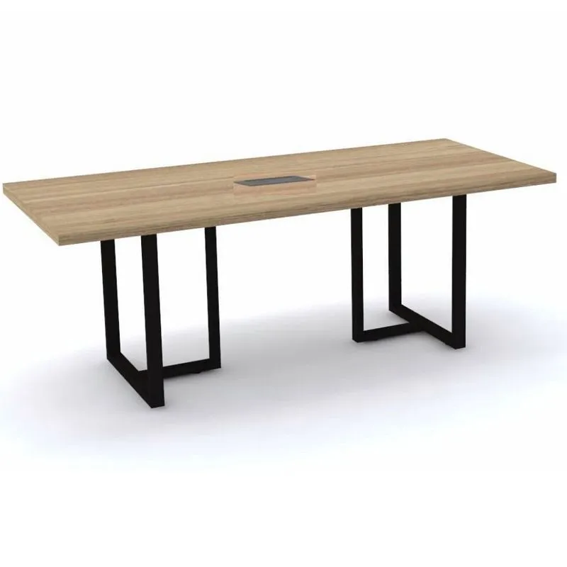 Mesa de Reunião com Caixa de Tomada Retangular 200 x 90 cm Pé Tubular PE40 MDP Noce Naturalle Base Preta