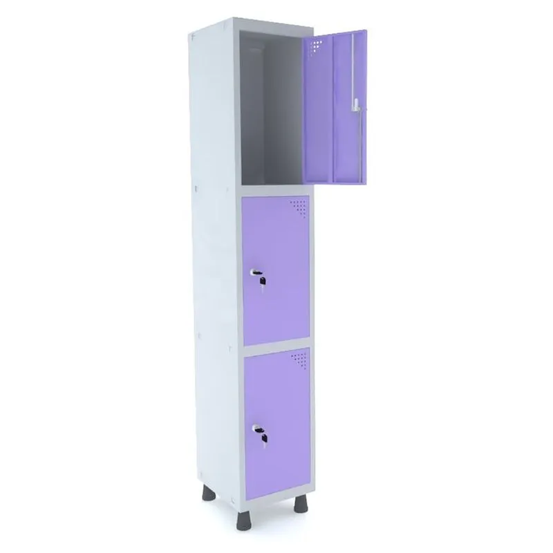 Armário Guarda Volume Locker Roupeiro 1 Vão 3 Portas Aço GRF501/3 Cinza e Lilás - Pandin