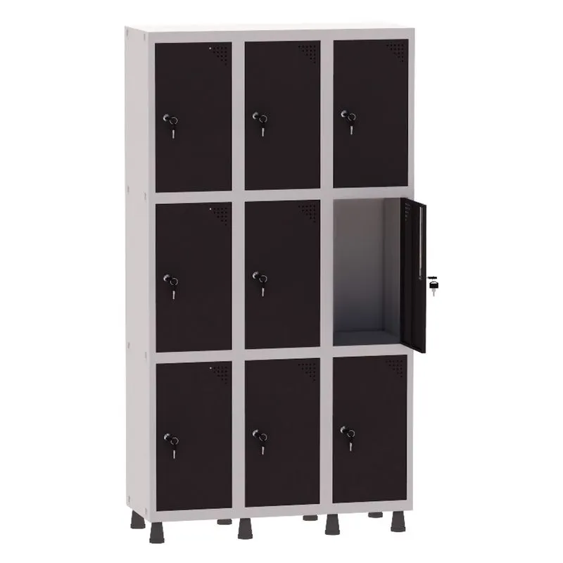 Armário Guarda Volume Locker Roupeiro 3 Vãos 9 Portas Aço GRF503/9 Cinza e Preto - Pandin