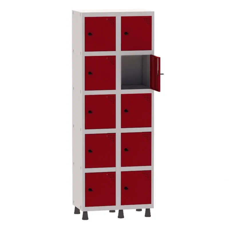 Armário Guarda Volume Locker Roupeiro 2 Vãos 10 Portas Aço GRP502/10 Cinza e Vermelho - Pandin