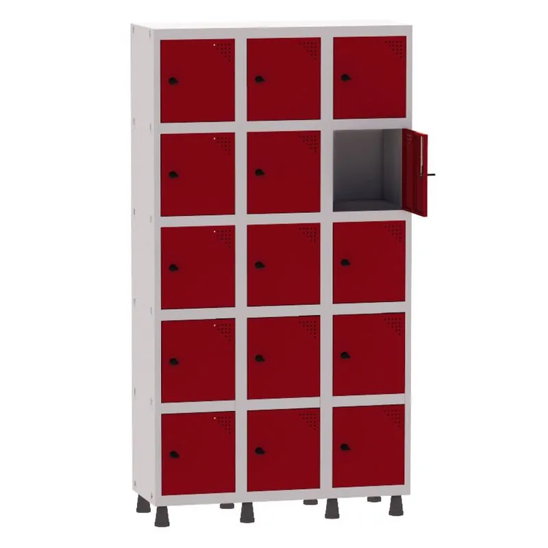 Armário Guarda Volume Locker Roupeiro 3 Vãos 15 Portas Aço GRP503/15 Cinza e Vermelho - Pandin