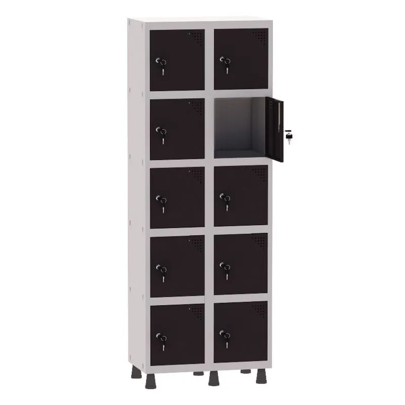 Armário Guarda Volume Locker Roupeiro 2 Vãos 10 Portas Aço GRF502/10 Cinza e Preto - Pandin