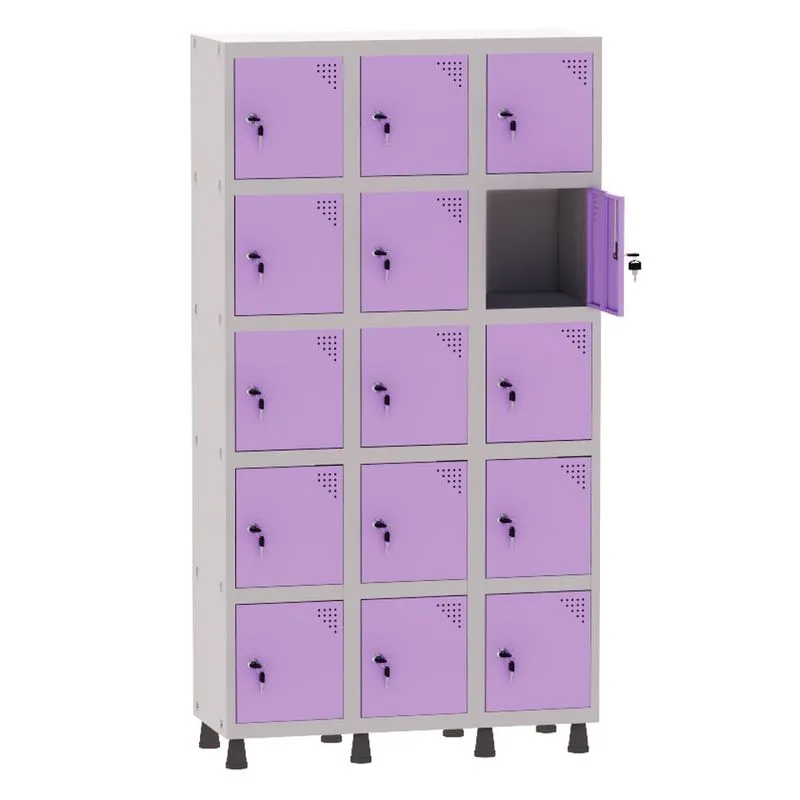 Armário Guarda Volume Locker Roupeiro 3 Vãos 15 Portas Aço GRF503/15 Cinza e Lilás - Pandin